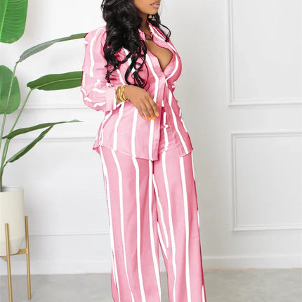 Elegant Work Wear Two Piece Set for Women Matching Sets Striped Print Shirt Top and Wide Leg Pants Office Lady Casual Outfits