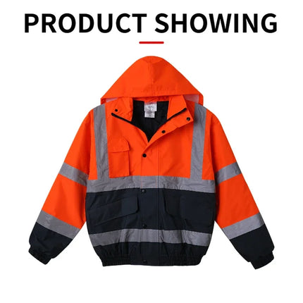 High Visibility Reflective  Jacket Men Waterproof Thickened Safety Coat for Outdoor Work Hi Vis Workwear Bomber Jacket