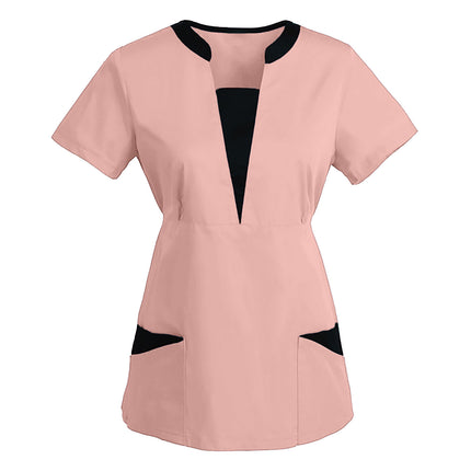 Korean Version SPA Uniforms Women Beauty Salon Scrubs Tops Slim Fit Healthcare Tunic Short Sleeve Patchwork Blouses Wholesale-KarWorkwear