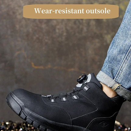 Black Leather Winter Fashion 2023 Rotating Buttons Safety Shoes Men Waterproof Work Boots Men Anti-puncture Protective Footwear-KarWorkwear