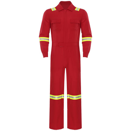 Mens Coveralls High Visibility Reflective Stripes Overalls Turn-Down Collar Long Sleeves Zipper Jumpsuits Work Mechanic Uniform