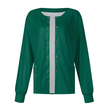 Women Long Sleeve Nurse Uniforms with Pockets Causal Round Collar Solid Single-Breasted Protective Overalls Cardigan Jackets Top