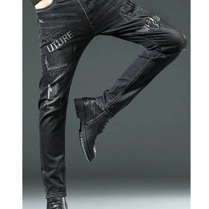 High End Stylish Classic Distinctive Printed Black Stretch Denim Jeans for Men High Quality Slim Fit Stretch Luxury Denim Pants