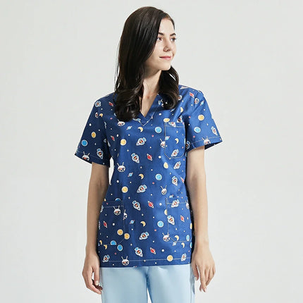 Niaahinn Gray Owl Printing Spa Uniform Women Beauty and Health Scrub Tops Beauty Salon Work Uniform Beauty Salon Scrubs Workwear-KarWorkwear