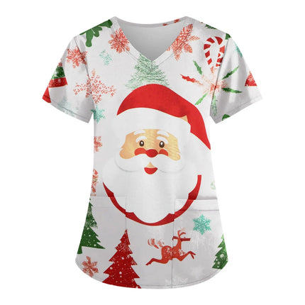 Christmas Nurse Scrubs Tops Women Medical Uniform Santa Claus Print V-Neck Nurse Uniform Hospital Healthcare Spa T-Shirt Blouse-KarWorkwear