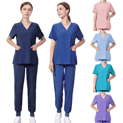 Solid Color Nursing Scrubs Women Uniforms Elasticity Pet Clinic Nurse V-neck Medical Hospital Doctor Working Clothing Wholesale-KarWorkwear