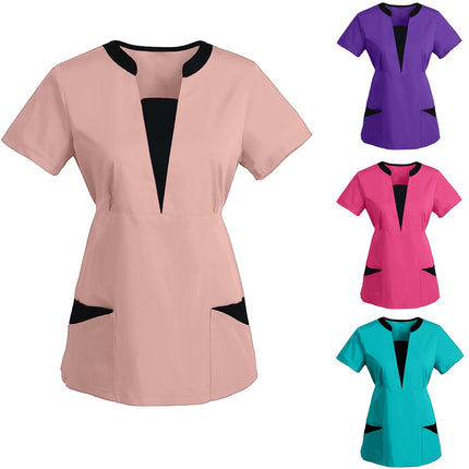 Korean Version SPA Uniforms Women Beauty Salon Scrubs Tops Slim Fit Healthcare Tunic Short Sleeve Patchwork Blouses Wholesale-KarWorkwear