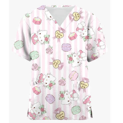 Medical Blouse Clinic Hospital Workwear Healthcare Nurse Coulomi Hello Kitty Print Uniform Carer Working Short Sleeve Tops Women-KarWorkwear
