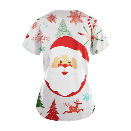 Christmas Nurse Scrubs Tops Women Medical Uniform Santa Claus Print V-Neck Nurse Uniform Hospital Healthcare Spa T-Shirt Blouse-KarWorkwear