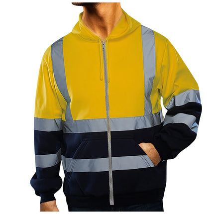 Men Reflective Stripe Hoodie Sweatshirt Long Sleeve Fitting Zipper Hooded Pullover Sanitation Workers Work Clothes Sweatshirt
