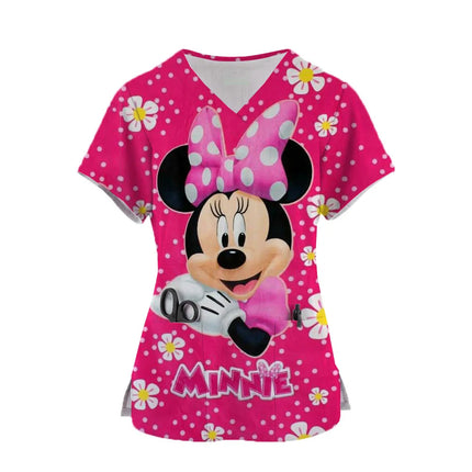 Nurse Uniform Women Disney Minnie Print Short Sleeve Neck Tops Working Uniform Blouse Scrubs Workwear Nursing Working T-shirts-KarWorkwear