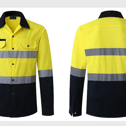 Miner Hi Vis Button Work Shirt for Men Reflective Yellow and Navy Blue Two Tone Safety Cotton Shirt