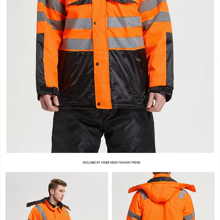 Winter Coveralls Men Waterproof Windproof Reflective Cotton Padded Hooded Coveralls Thicken Thermal Work Uniform Hi Vis Workwear