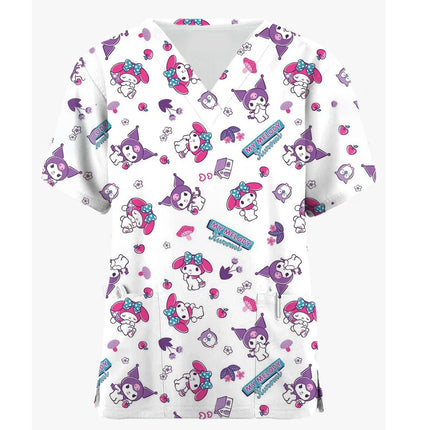 Medical Blouse Clinic Hospital Workwear Healthcare Nurse Coulomi Hello Kitty Print Uniform Carer Working Short Sleeve Tops Women-KarWorkwear