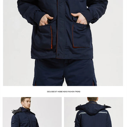 Winter Coveralls Men Waterproof Windproof Reflective Cotton Padded Hooded Coveralls Thicken Thermal Work Uniform Hi Vis Workwear