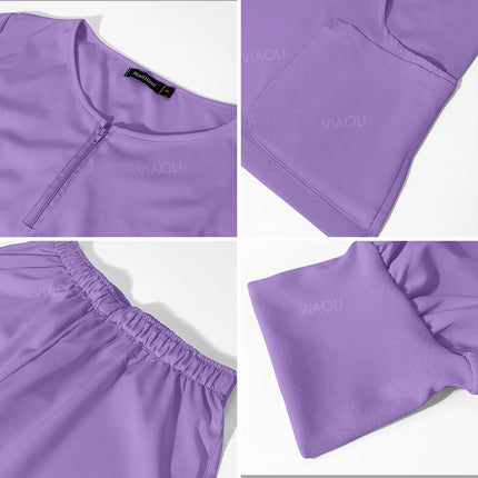 Women Scrub Set Zip-Neck Short Sleeve Scrub Top Pants Sets Nurse Uniforms Medical Nurses Accessories for Hospital Doctor Uniform-KarWorkwear