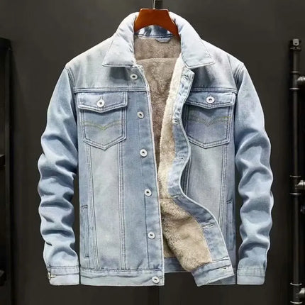 Winter velvet thickened denim jacket Korean style trendy men's versatile loose large size warm work jacket