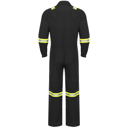 Mens Coveralls High Visibility Reflective Stripes Overalls Turn-Down Collar Long Sleeves Zipper Jumpsuits Work Mechanic Uniform
