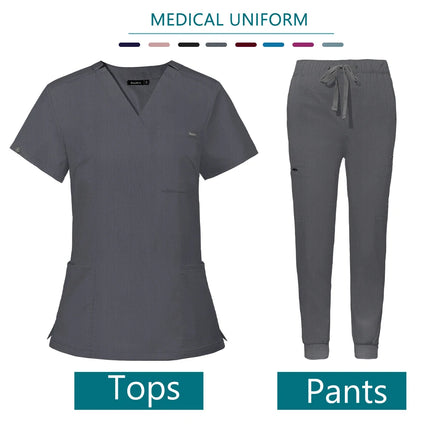 Hospital Doctor Nursing Set Unisex Wholesale Casual Jogger Suits Short Sleeved V-neck Tops Nurse Pants Pharmacy Medical Uniforms-KarWorkwear