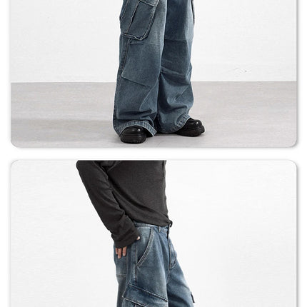 2025 autumn street multi pocket workwear unisex jeans for men and women fashion Y2K trend loose wide leg pants