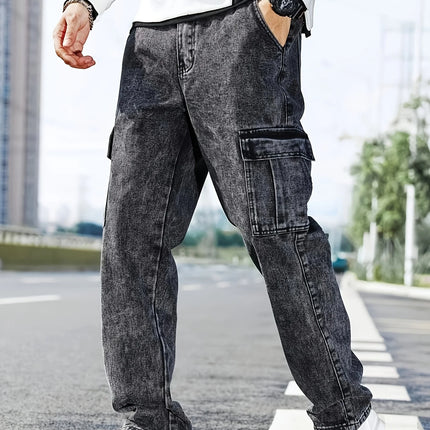 Fashionable men's denim trousers, washed workwear trousers