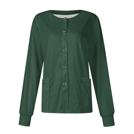 Women Long Sleeve Nurse Uniforms with Pockets Causal Round Collar Solid Single-Breasted Protective Overalls Cardigan Jackets Top
