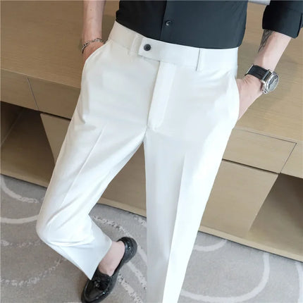 2025 Summer Thin White Elastic Nine Cent Suit Pants for Men,gray Blue Four-side Elastic Comfortable Drape Men's Casual Trousers