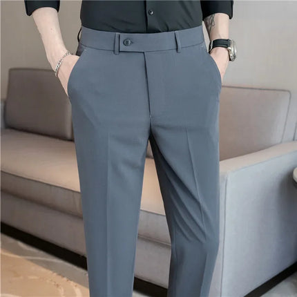 2025 Summer Thin White Elastic Nine Cent Suit Pants for Men,gray Blue Four-side Elastic Comfortable Drape Men's Casual Trousers