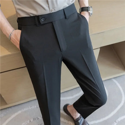 2025 Summer Thin White Elastic Nine Cent Suit Pants for Men,gray Blue Four-side Elastic Comfortable Drape Men's Casual Trousers
