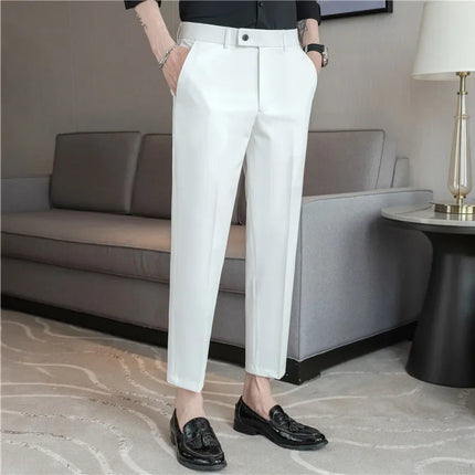 2025 Summer Thin White Elastic Nine Cent Suit Pants for Men,gray Blue Four-side Elastic Comfortable Drape Men's Casual Trousers