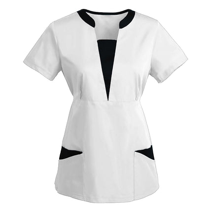 Korean Version SPA Uniforms Women Beauty Salon Scrubs Tops Slim Fit Healthcare Tunic Short Sleeve Patchwork Blouses Wholesale-KarWorkwear