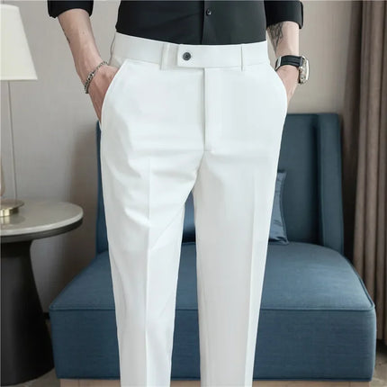 2025 Summer Thin White Elastic Nine Cent Suit Pants for Men,gray Blue Four-side Elastic Comfortable Drape Men's Casual Trousers