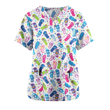 Print Scrubs Top Women with Pockets V-Neck Scrub Uniforms Pet Grooming Nurse Spa Caring Shirt uniformes de enfermería para mujer-KarWorkwear