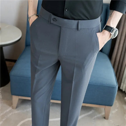 2025 Summer Thin White Elastic Nine Cent Suit Pants for Men,gray Blue Four-side Elastic Comfortable Drape Men's Casual Trousers