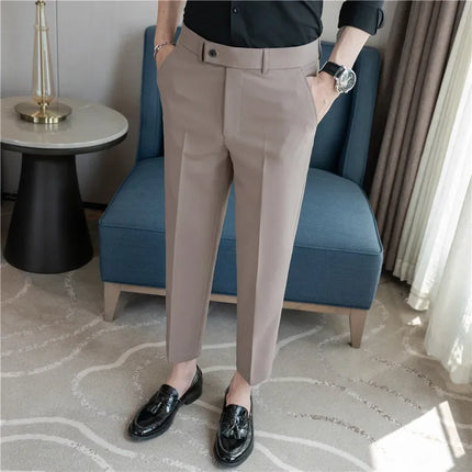 2025 Summer Thin White Elastic Nine Cent Suit Pants for Men,gray Blue Four-side Elastic Comfortable Drape Men's Casual Trousers