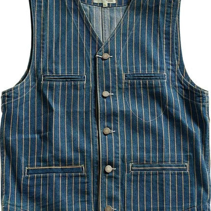 Retro American Striped Workwear Vest Waed Denim Svel Waistcoat Trendy Youth Casual V-ne Four Seasons Outerwear