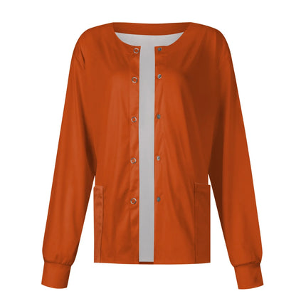 Women Long Sleeve Nurse Uniforms with Pockets Causal Round Collar Solid Single-Breasted Protective Overalls Cardigan Jackets Top