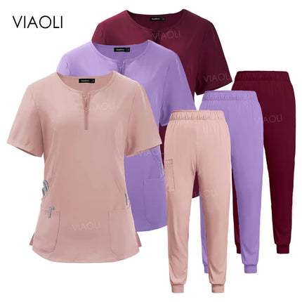 Women Scrub Set Zip-Neck Short Sleeve Scrub Top Pants Sets Nurse Uniforms Medical Nurses Accessories for Hospital Doctor Uniform-KarWorkwear