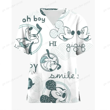 Miniso Disney Mickey Mouse 3DPrint Nurse Medical Uniforms V-neck Short Sleeve Pocket Workwear Scrubs Medical Accessories Uniform-KarWorkwear
