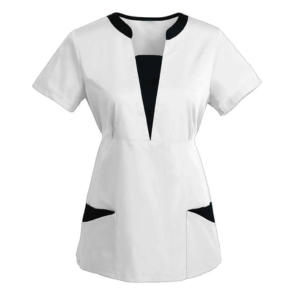 Korean Version SPA Uniforms Women Beauty Salon Scrubs Tops Slim Fit Healthcare Tunic Short Sleeve Patchwork Blouses Wholesale-KarWorkwear