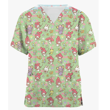 Medical Blouse Clinic Hospital Workwear Healthcare Nurse Coulomi Hello Kitty Print Uniform Carer Working Short Sleeve Tops Women-KarWorkwear