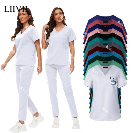 New Scrubs Set Medical Doctor Uniforms Stretch Scrub Top With Pocket Straight Pants Nurse Uniforms Beauty Salon Lab Workwear-KarWorkwear