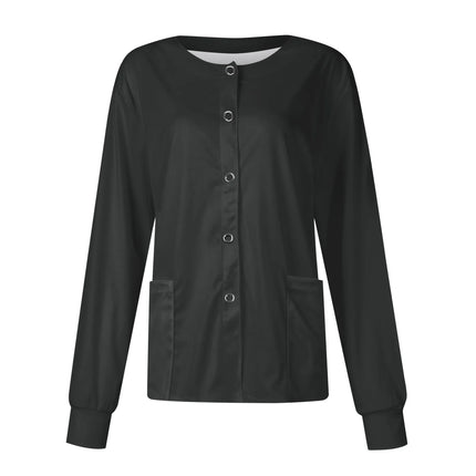 Women Long Sleeve Nurse Uniforms with Pockets Causal Round Collar Solid Single-Breasted Protective Overalls Cardigan Jackets Top