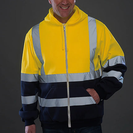 Men Reflective Stripe Hoodie Sweatshirt Long Sleeve Fitting Zipper Hooded Pullover Sanitation Workers Work Clothes Sweatshirt