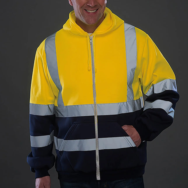 Men Reflective Stripe Hoodie Sweatshirt Long Sleeve Fitting Zipper Hooded Pullover Sanitation Workers Work Clothes Sweatshirt