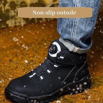 Black Leather Winter Fashion 2023 Rotating Buttons Safety Shoes Men Waterproof Work Boots Men Anti-puncture Protective Footwear-KarWorkwear