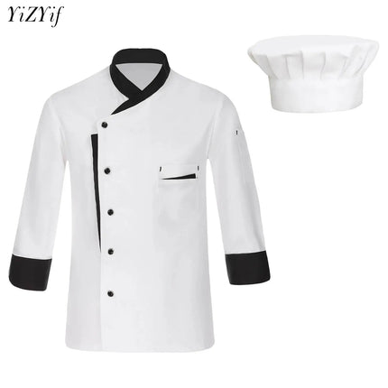 Unisex Mens Womens Chef Jacket Long Sleeve Contrast Color Coat Restaurant Kitchen Cooking Apparel Work Wear Uniform with Hat-KarWorkwear