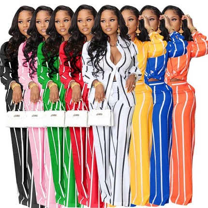 Elegant Work Wear Two Piece Set for Women Matching Sets Striped Print Shirt Top and Wide Leg Pants Office Lady Casual Outfits