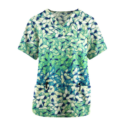 Print Scrubs Top Women with Pockets V-Neck Scrub Uniforms Pet Grooming Nurse Spa Caring Shirt uniformes de enfermería para mujer-KarWorkwear