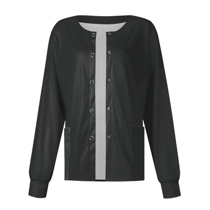 Women Long Sleeve Nurse Uniforms with Pockets Causal Round Collar Solid Single-Breasted Protective Overalls Cardigan Jackets Top